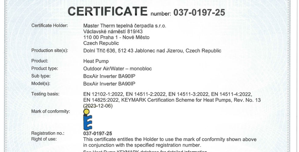 A Major Milestone: Master Therm’s Entire R290 Air-to-Water Range Now Certified with Heat Pump Keymark